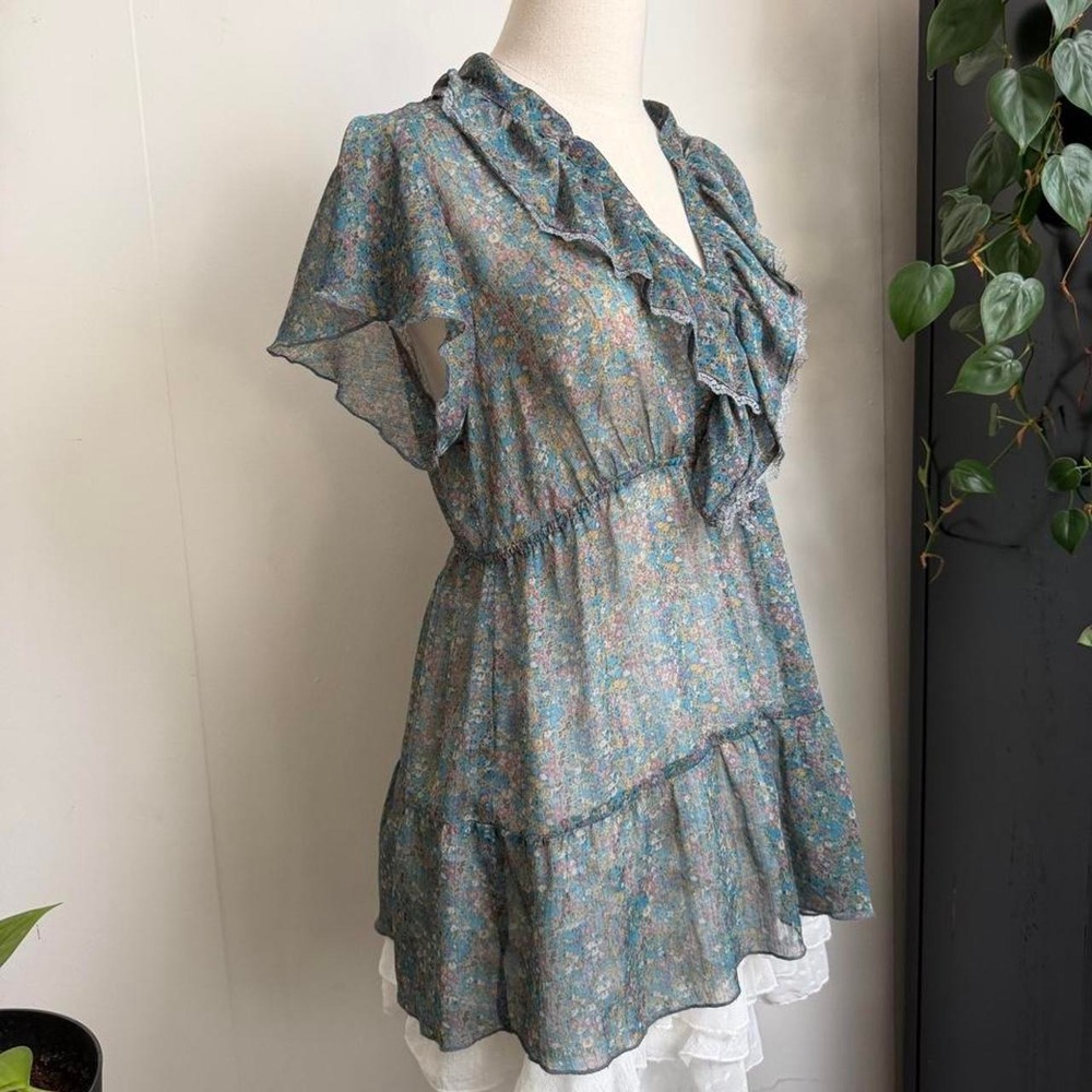 Love Squared Y2K Sheer Floral Babydoll Top Blue Gray Fairycore Ruffle Large